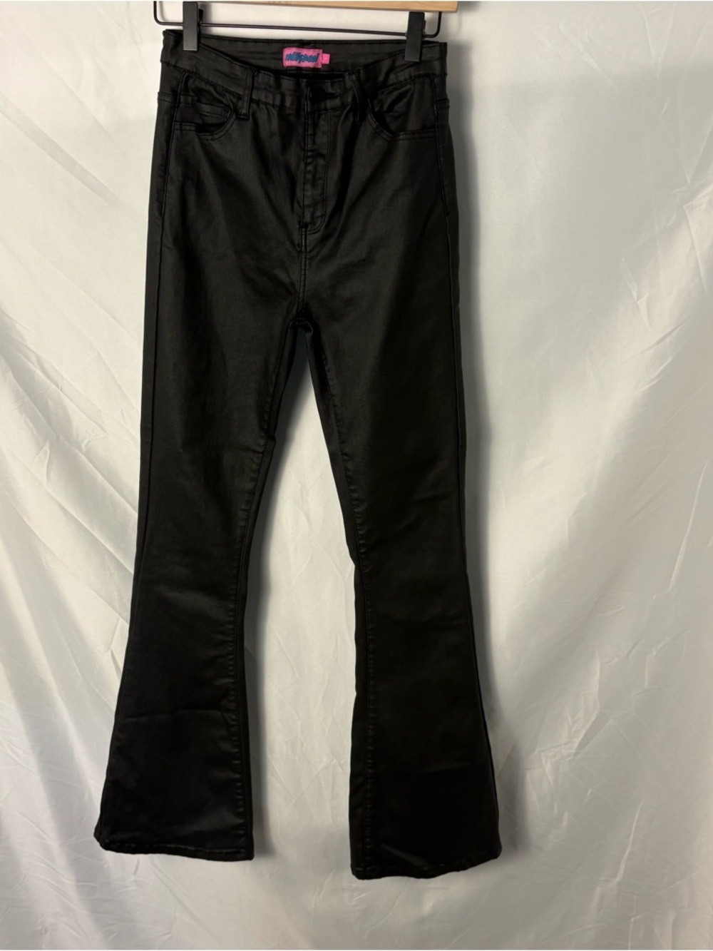 Edikted Black Coated Faux Leather Flare Jeans Sz L